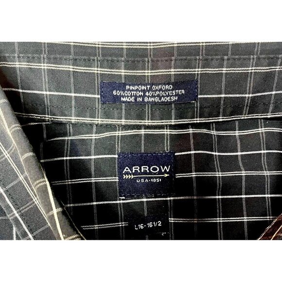 Arrow USA Mens Button-Down Navy LARGE 16-16.5 Collared Shirt Plaid Print - Picture 3 of 3